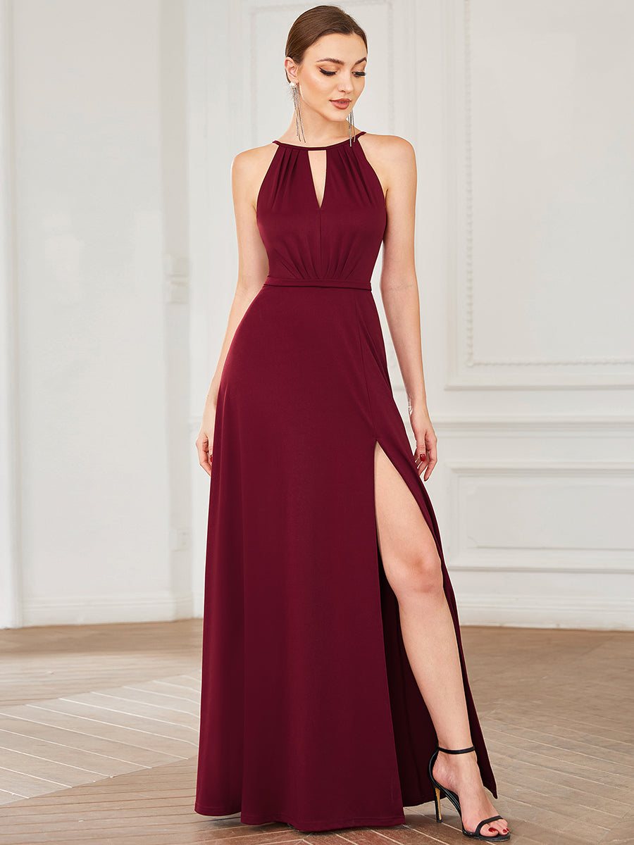 Color=Burgundy | Sleeveless Hollow Out Split Wholesale Bridesmaid Dresses with A Line-Burgundy 1