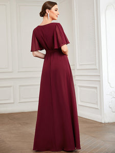 Color=Burgundy | Deep V Neck Ruffles Sleeves A Line Split Wholesale Evening Dresses-Burgundy 2