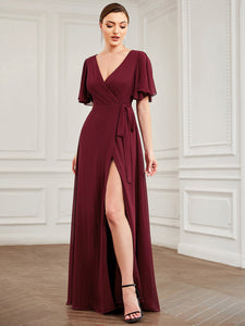 Color=Burgundy | Deep V Neck Ruffles Sleeves A Line Split Wholesale Evening Dresses-Burgundy 4