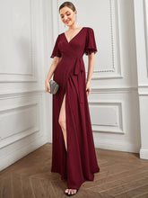 Load image into Gallery viewer, Color=Burgundy | Deep V Neck Ruffles Sleeves A Line Split Wholesale Evening Dresses-Burgundy 5