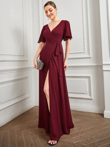 Color=Burgundy | Deep V Neck Ruffles Sleeves A Line Split Wholesale Evening Dresses-Burgundy 5