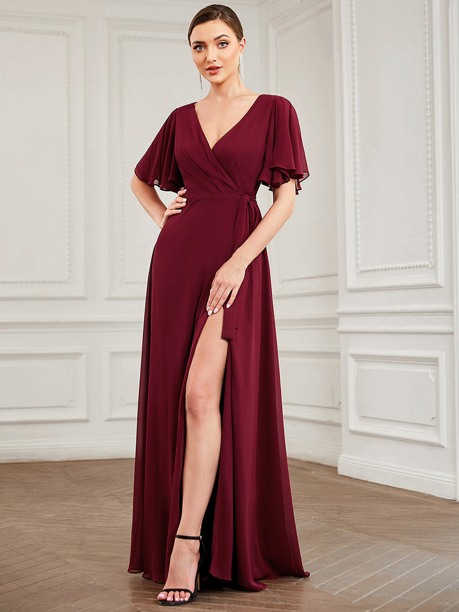 Color=Burgundy | Deep V Neck Ruffles Sleeves A Line Split Wholesale Evening Dresses-Burgundy 1