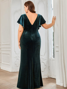 Color=Dark Green | Plus Size Deep V Neck Fishtail Wholesale Evening Dresses with Ruffles Sleeves-Dark Green 2