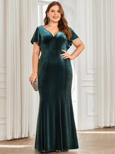 Color=Dark Green | Plus Size Deep V Neck Fishtail Wholesale Evening Dresses with Ruffles Sleeves-Dark Green 4