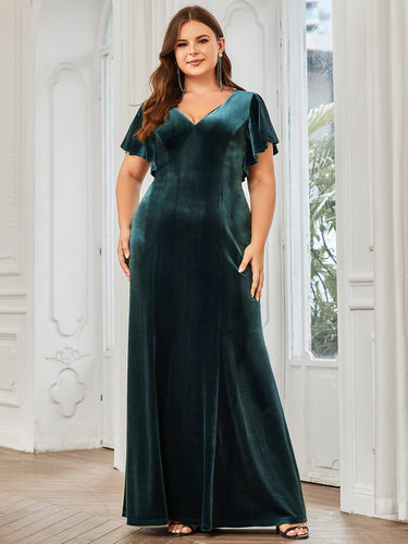 Color=Dark Green | Plus Size Deep V Neck Fishtail Wholesale Evening Dresses with Ruffles Sleeves-Dark Green 1