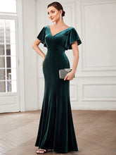 Load image into Gallery viewer, Color=Dark Green | Deep V Neck Fishtail Wholesale Evening Dresses with Ruffles Sleeves-Dark Green 3