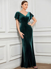 Load image into Gallery viewer, Color=Dark Green | Deep V Neck Fishtail Wholesale Evening Dresses with Ruffles Sleeves-Dark Green 4