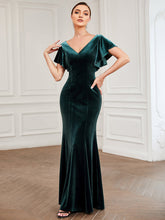 Load image into Gallery viewer, Color=Dark Green | Deep V Neck Fishtail Wholesale Evening Dresses with Ruffles Sleeves-Dark Green 1