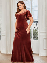 Load image into Gallery viewer, Color=brick-red | Plus Size Deep V Neck Fishtail Wholesale Evening Dresses with Ruffles Sleeves-brick-red 3