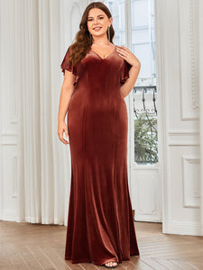 Color=brick-red | Plus Size Deep V Neck Fishtail Wholesale Evening Dresses with Ruffles Sleeves-brick-red 4