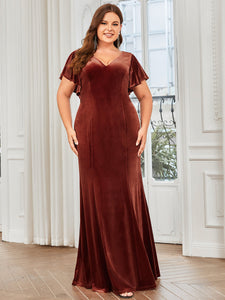 Color=brick-red | Plus Size Deep V Neck Fishtail Wholesale Evening Dresses with Ruffles Sleeves-brick-red 2