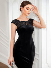 Load image into Gallery viewer, Color=Black | Round Neck A Line Wholesale Evening Dresses with Cover Sleeves-Black 5
