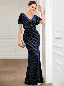 Color=Navy Blue | V Neck Fishtail Wholesale Evening Dresses with Short Ruffles Sleeves-Navy Blue 3