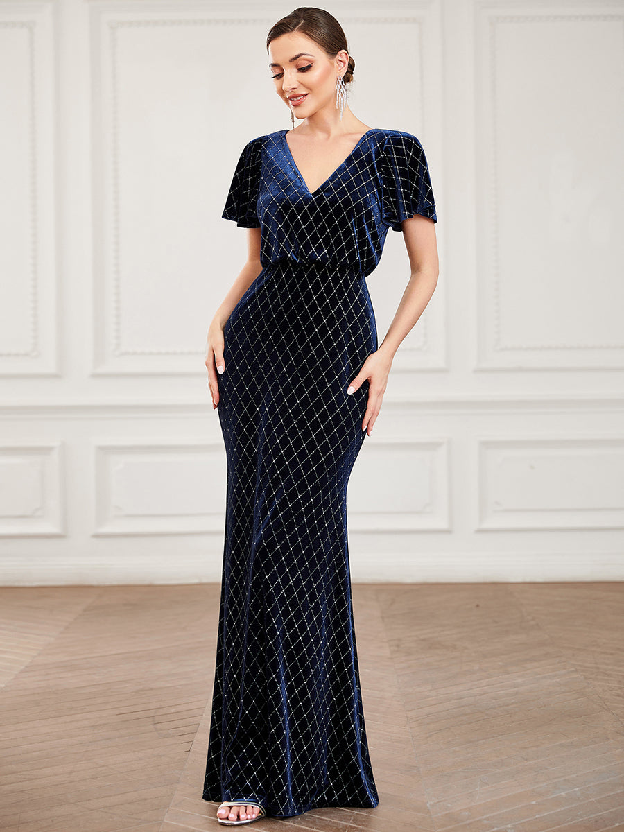 Color=Navy Blue | V Neck Fishtail Wholesale Evening Dresses with Short Ruffles Sleeves-Navy Blue 1