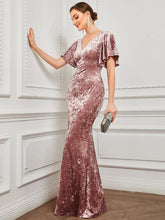 Load image into Gallery viewer, Color=Orchid | Tulip Sleeves Fishtail Wholesale Evening Dresses with Deep V Neck-Orchid 3
