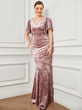 Load image into Gallery viewer, Color=Orchid | Tulip Sleeves Fishtail Wholesale Evening Dresses with Deep V Neck-Orchid 4