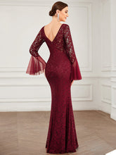 Load image into Gallery viewer, Color=Burgundy | Round Neck Fishtail Wholesale Evening Dresses with Long Sleeves-Burgundy 2