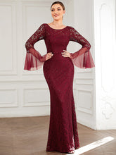 Load image into Gallery viewer, Color=Burgundy | Round Neck Fishtail Wholesale Evening Dresses with Long Sleeves-Burgundy 4