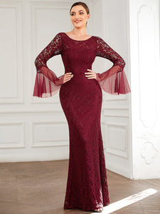Color=Burgundy | Round Neck Fishtail Wholesale Evening Dresses with Long Sleeves-Burgundy 4