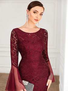 Color=Burgundy | Round Neck Fishtail Wholesale Evening Dresses with Long Sleeves-Burgundy 5