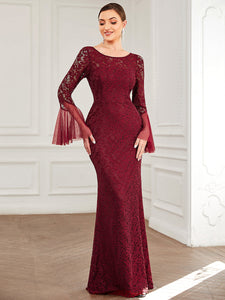 Color=Burgundy | Round Neck Fishtail Wholesale Evening Dresses with Long Sleeves-Burgundy 1