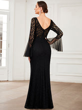 Load image into Gallery viewer, Color=Black | Round Neck Fishtail Wholesale Evening Dresses with Long Sleeves-Black 2