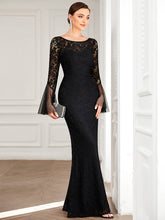 Load image into Gallery viewer, Color=Black | Round Neck Fishtail Wholesale Evening Dresses with Long Sleeves-Black 4