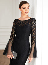 Load image into Gallery viewer, Color=Black | Round Neck Fishtail Wholesale Evening Dresses with Long Sleeves-Black 5