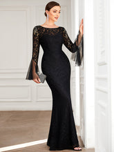 Load image into Gallery viewer, Color=Black | Round Neck Fishtail Wholesale Evening Dresses with Long Sleeves-Black 1