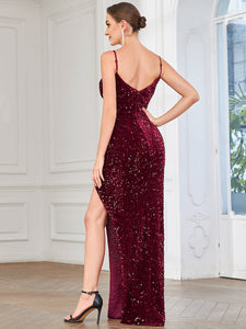 Color=Burgundy | Shiny Sleeveless Deep V Neck Split Wholesale Evening Dresses-Burgundy 2