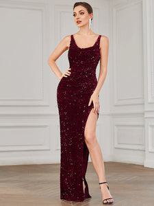 Color=Burgundy | Shiny Sleeveless Deep V Neck Split Wholesale Evening Dresses-Burgundy 3