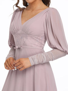 Color=Lilac | Leg-of-Mutton Sleeves Deep V Neck Wholesale Evening Dresses-Lilac 5