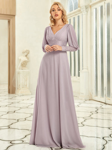 Color=Lilac | Leg-of-Mutton Sleeves Deep V Neck Wholesale Evening Dresses-Lilac 1