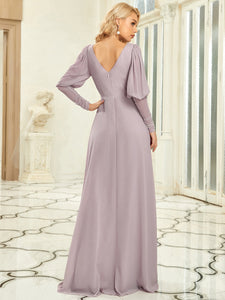 Color=Lilac | Leg-of-Mutton Sleeves Deep V Neck Wholesale Evening Dresses-Lilac 2