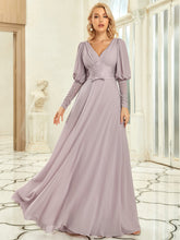 Load image into Gallery viewer, Color=Lilac | Leg-of-Mutton Sleeves Deep V Neck Wholesale Evening Dresses-Lilac 3