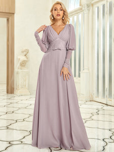 Color=Lilac | Leg-of-Mutton Sleeves Deep V Neck Wholesale Evening Dresses-Lilac 4