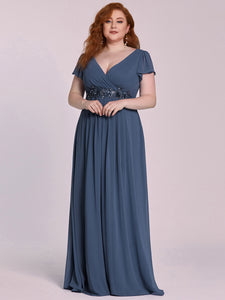 Color=Dusty Navy | Plus Size Deep V Neck Short Ruffle Sleeves Wholesale Evening Dresses-Dusty Navy 3