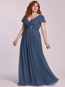 Color=Dusty Navy | Plus Size Deep V Neck Short Ruffle Sleeves Wholesale Evening Dresses-Dusty Navy 4