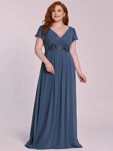 Color=Dusty Navy | Plus Size Deep V Neck Short Ruffle Sleeves Wholesale Evening Dresses-Dusty Navy 1