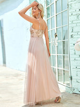 Load image into Gallery viewer, Color=Blush | Adorable Floor Length Deep V Neck Wholesale Evening Dresses-Blush 2