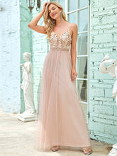 Load image into Gallery viewer, Color=Blush | Adorable Floor Length Deep V Neck Wholesale Evening Dresses-Blush 3