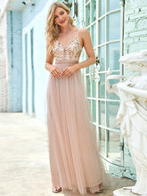 Load image into Gallery viewer, Color=Blush | Adorable Floor Length Deep V Neck Wholesale Evening Dresses-Blush 4