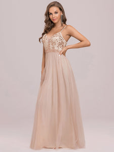 Color=Blush | Adorable Floor Length Deep V Neck Wholesale Evening Dresses-Blush 7