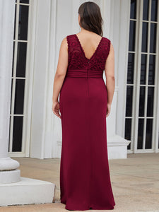Color=Burgundy | Plus Size V Neck Sheath Silhouette Wholesale Evening Dresses-Burgundy 2