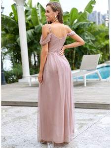 Color=Pink | Glamorous A Line Deep V Neck Wholesale Evening Dresses with Split-Pink 2