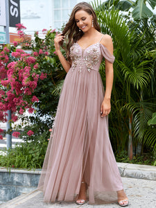 Color=Pink | Glamorous A Line Deep V Neck Wholesale Evening Dresses with Split-Pink 3