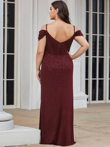 Color=Burgundy | Deep V Neck Plus Size Wholesale Long Evening Dresses with Split-Burgundy 2