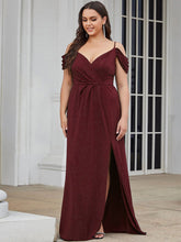Load image into Gallery viewer, Color=Burgundy | Deep V Neck Plus Size Wholesale Long Evening Dresses with Split-Burgundy 3