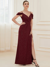 Load image into Gallery viewer, Color=Burgundy | Deep V Neck Wholesale Long Evening Dresses with Split-Burgundy 3
