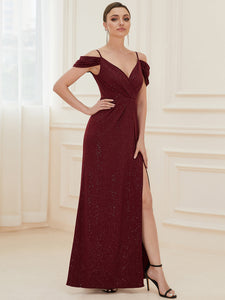 Color=Burgundy | Deep V Neck Wholesale Long Evening Dresses with Split-Burgundy 3